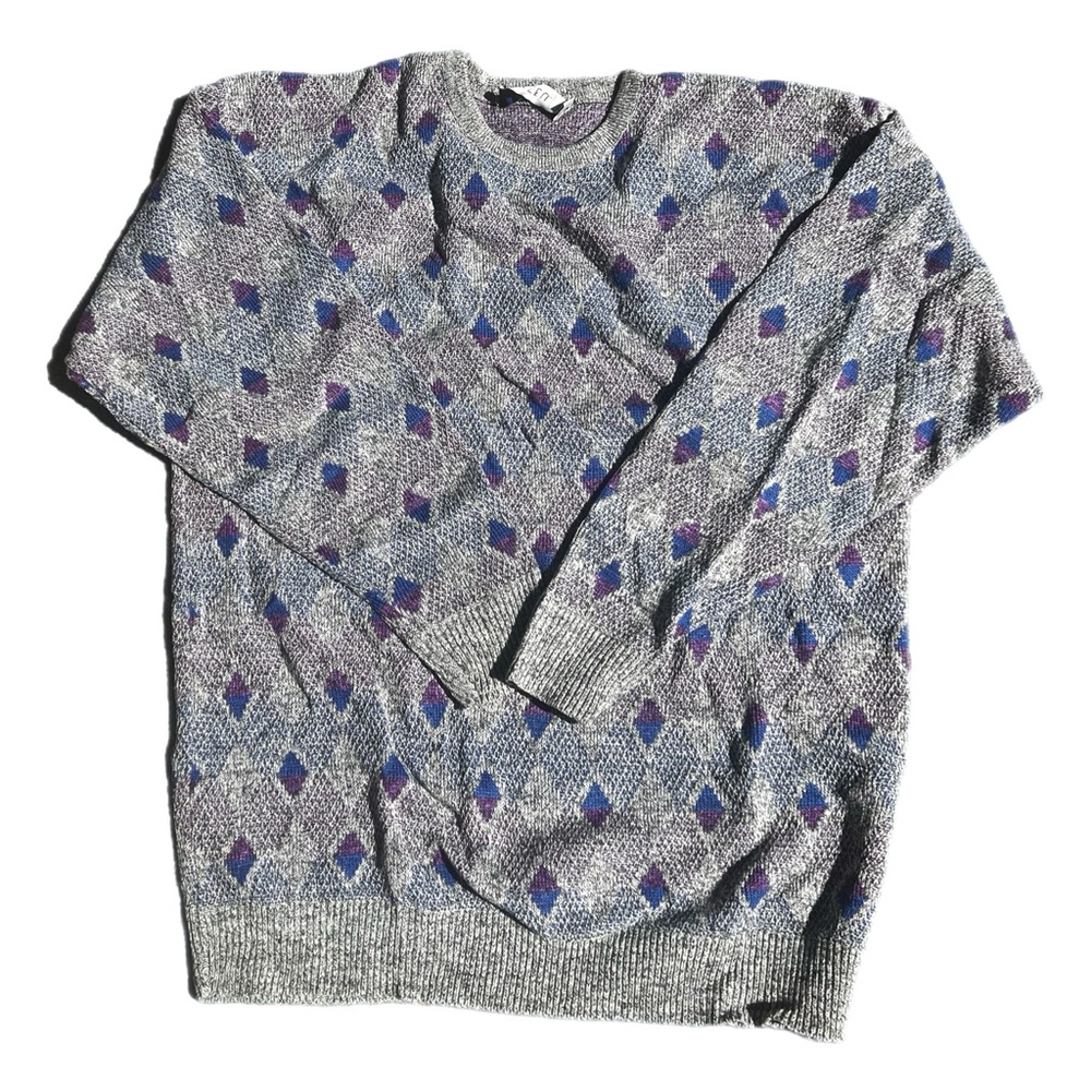 Jantzen Vintage 80s Grey Argyle Crew Neck Sweater Size 2XLT Made In USA